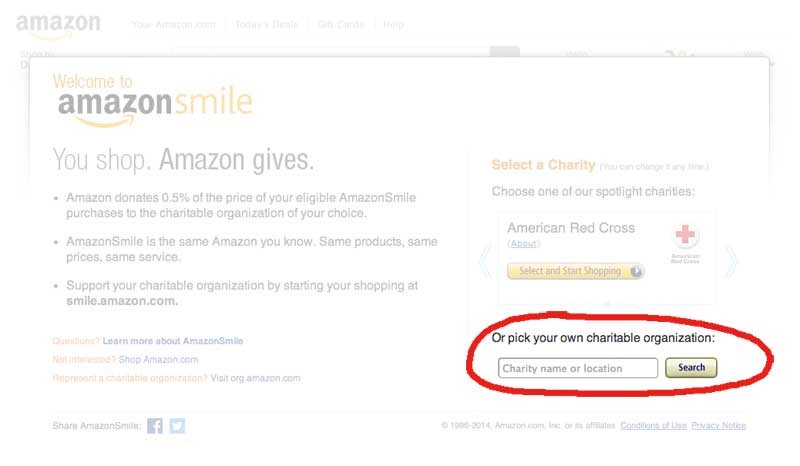 The amazon smile home page. A red circle is around text that says "Or pick your own charitable organization:""