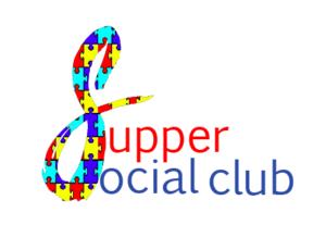 Logo with an S that is large and made out of autism puzzle pieces and then the words Supper Social Club