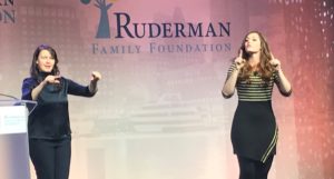 Deaf Singer Mandy Harvey and her interpreter at the Ruderman Summit