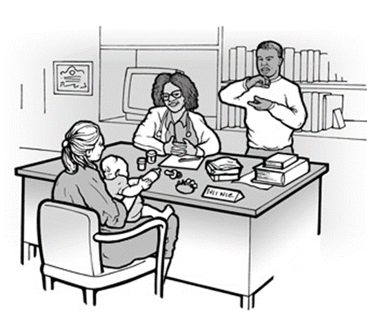 Line drawing of deaf patient, doctor and interpreter