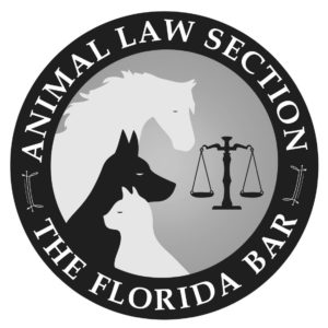 animal law section of the florida bar logo with a horse dog and cat in relief in black and white with the scales of justice