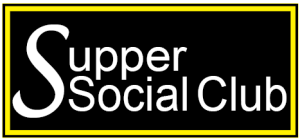 black box with a yellow border with the words supper social club in the middle in white ink