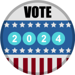 voting button in red white and blue with stars and strips and 2024 in the middle