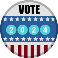 voting button in red white and blue with stars and strips and 2024 in the middle