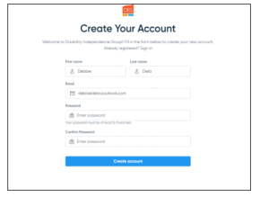 A screenshot of the webpage that says create your account.