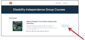 A screenshot of the webpage that shows the courses in SamCart and a red arrow towards the bottom pointing to where it says start course