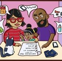 a cartoon of a family making a plan with a mom, dad, child, and a cat