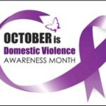 Domestic violence awareness month 2025 logo with a purple ribbon and a butterfly at the end of the ribbon