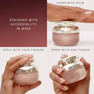 add for rare beauty make up that says designed with accessibility in mind with three squares showing the make up