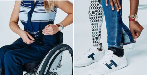 two images of people with disabilities wearing accessible clothing
