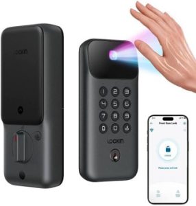 smart door lock that is opened by someone using their hand and an app on their smart phone