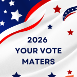 abstract american flag with the words 2026 your vote matters